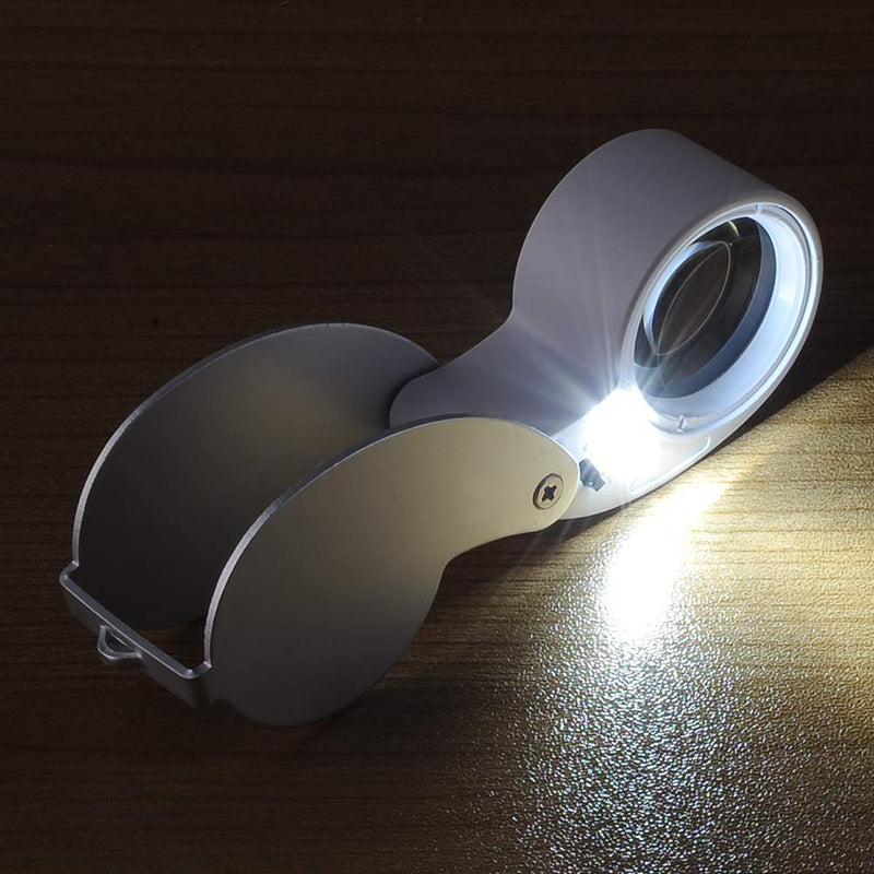 Illuminated Jewelers Eye Loupe Magnifier, 40X Foldable Magnifying Glass with Bright LED Light for Gems, Rocks, Stamps, Coins, Watches, Hobbies etc