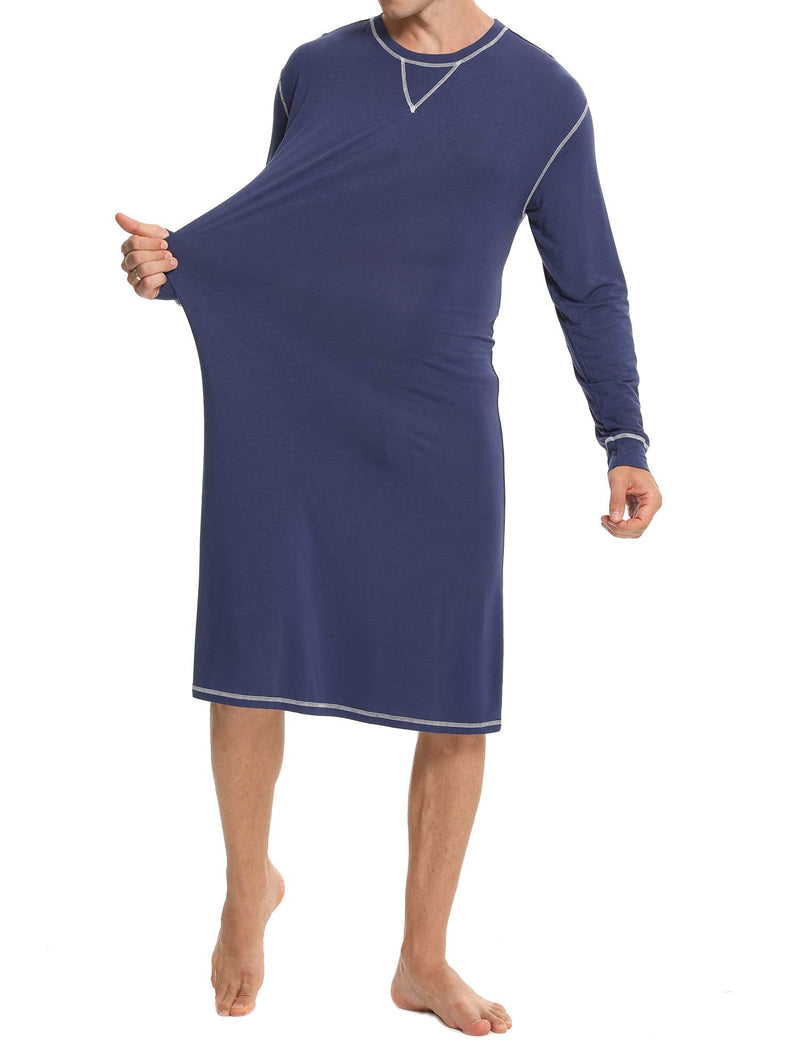 SWOMOG Men's Nightshirt Long Sleeve Crewneck Modal Nightgown Loose Comfy Sleep Shirt Small Navy Blue