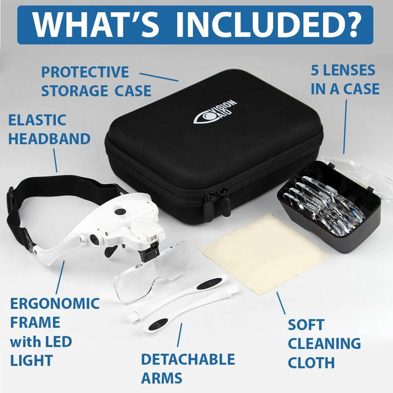 Vision Aid Magnifying Glasses with Light for Close Work, Illuminated Hands Free Headband Magnifier Goggles with Storage Case for Hobby Painting Reading Coin Watch Bead Jewelry