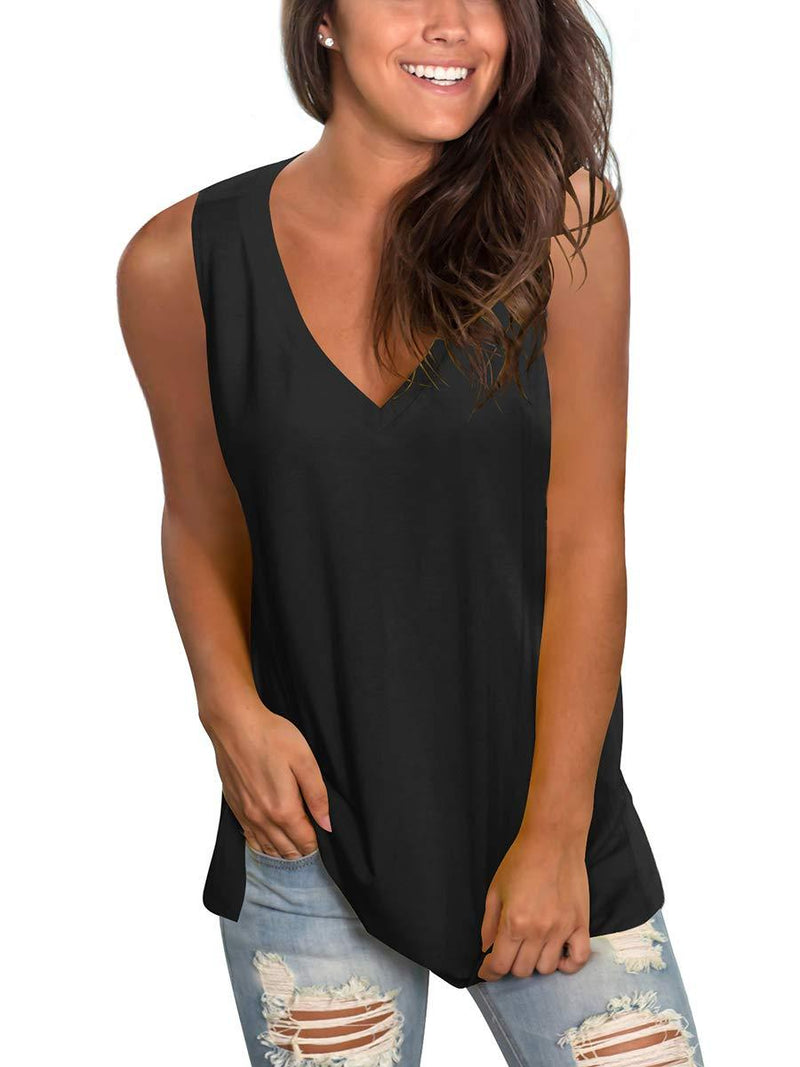 SAMPEEL Women's Basic V Neck T Shirts Side Split Tunic Tank Tops 101-tank Black Small