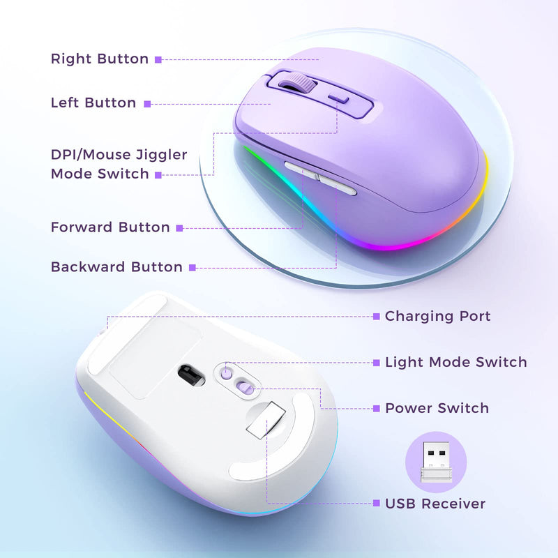 Wireless Mouse, Mouse Jiggler - LED Wireless Mice with Build-in Mouse Jiggler Mover, Rechargeable Moving Mouse for Computer with Undetectable Random Movement Keeps Computer Awake - Purple A Purple Mouse with Jiggler