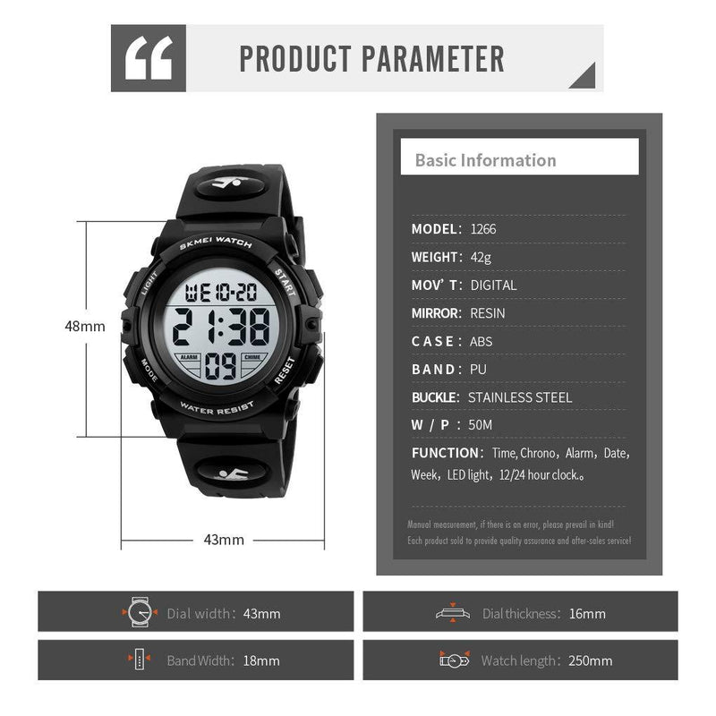 Boys Watch Digital Sports Waterproof Electronic Childrens Kids Watches Alarm Clock 12/24 H Stopwatch Calendar Boy Girl Wristwatch All Black