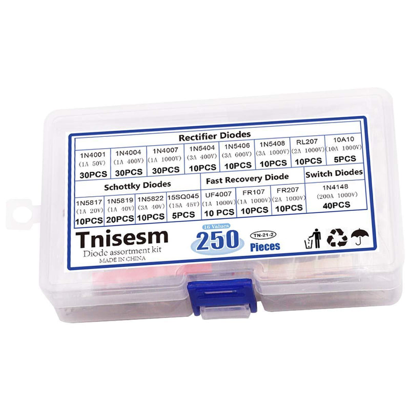 Tnisesm 250 Pcs 16 Values Rectifier/Schottky/Fast Recovery/Switch Diode Assortment Kit,1N4001 1N4004 1N4007 1N5404 1N5406 1N5408 RL207 10A10 1N5817 1N5819 1N5822 15SQ045 UF4007 FR107 FR207 1N4148