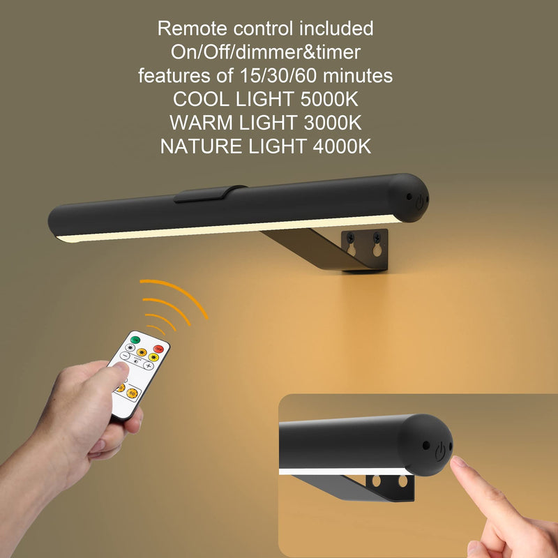 Arixinks Rechargeable Picture Light Battery Operated, Painting Light Wireless with Remote Control 3 Lighting ,Art Light Display Lamp 300LM Dimmable and Timer Set, Full Metal Light for Picture Painting Black