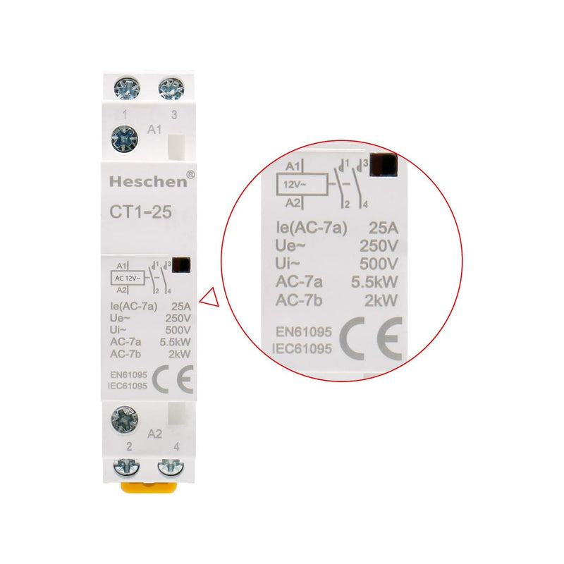 Heschen household AC contactor, CT1-25, Ie 25A, 2 pole two normally open, AC 12V coil voltage, 35mm DIN rail mounting