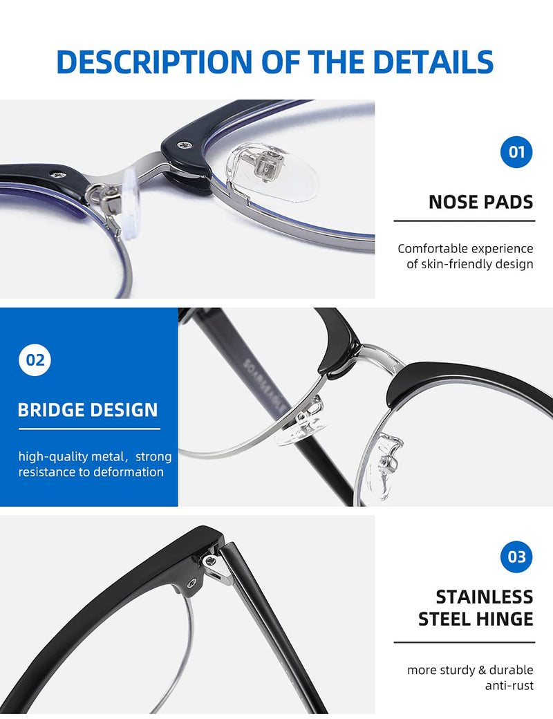 SOAR&EAGLE 3 Pack Blue Light Blocking Glasses,Computer Gaming Glasses,Retro Semi Rimless UV400 Clear Lens Computer Eyewear Bright Black Silver/Crystal Silver/Amber Gold