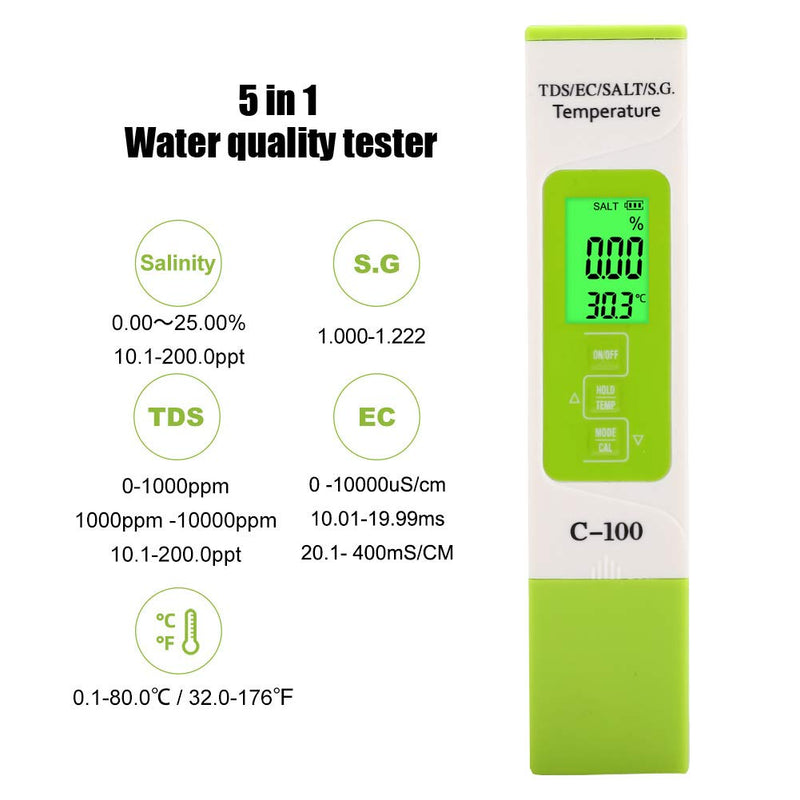 TOPINCN C-100 5-in-1 Salinity TDS EC Seawater Tester Multi-function Water Quality Tester with Multi-parameter Backlight Meters