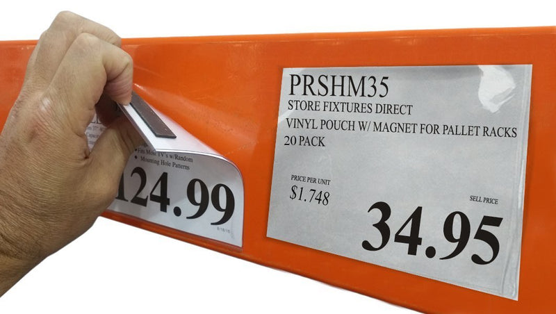 Pallet Rack Sign Holder Kit Clear Vinyl Pouch with Magnet for 4" H x 6" L Cards - 25 Pack
