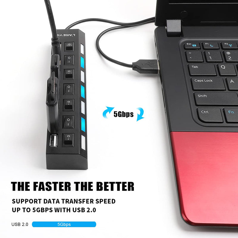 Multi Port USB Splitter, 7 in 1 USB 2.0 Hub with High Speed Individual ON/Off Switches with LEDs