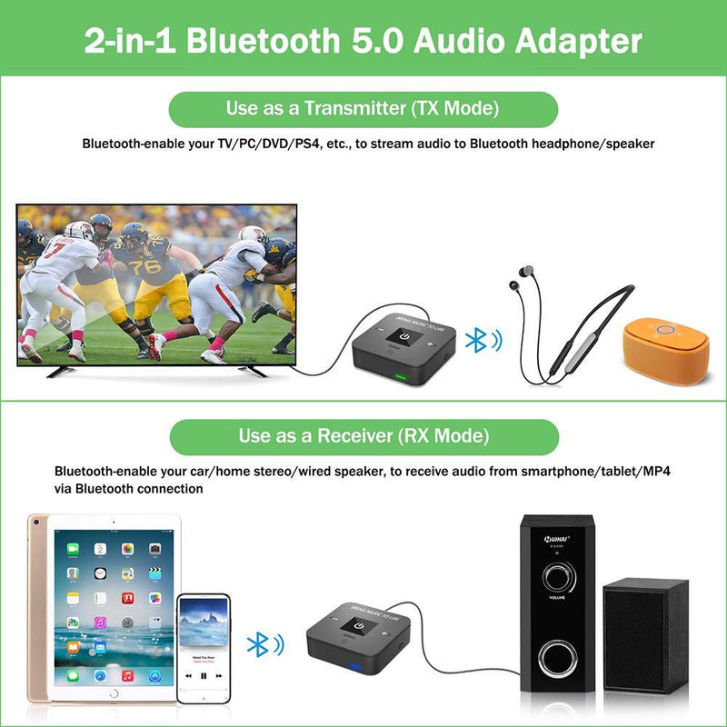 Golvery Bluetooth V5.0 Transmitter and Receiver with Optical TOSLINK & 3.5mm Jack Wireless Audio Adapter for TV Headphones Speaker Car Stereo - aptX Low Latency for HiFi Sound 25 Hours Playtime Dark Black