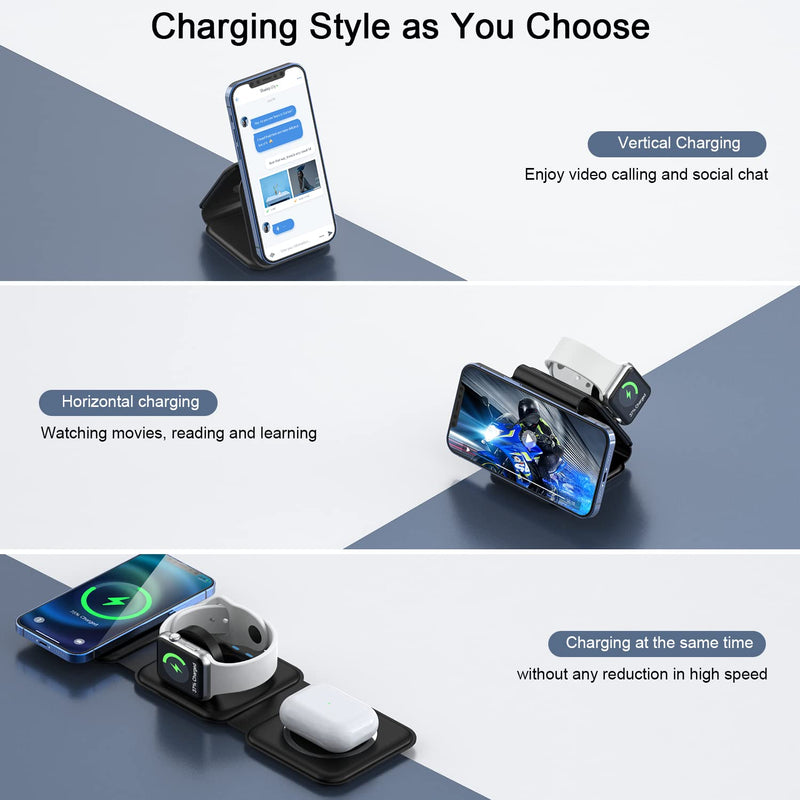 Wireless Charger 3 in 1,RTOPS Magnetic Foldable Wireless Charging Station,GaN Fast Wireless Charger Stand,Compatible with iPhone 13/12/11/8/Pro/Max,iWatch,AirPods 3/2/Pro and Samsung(Adapter Inclues) Black