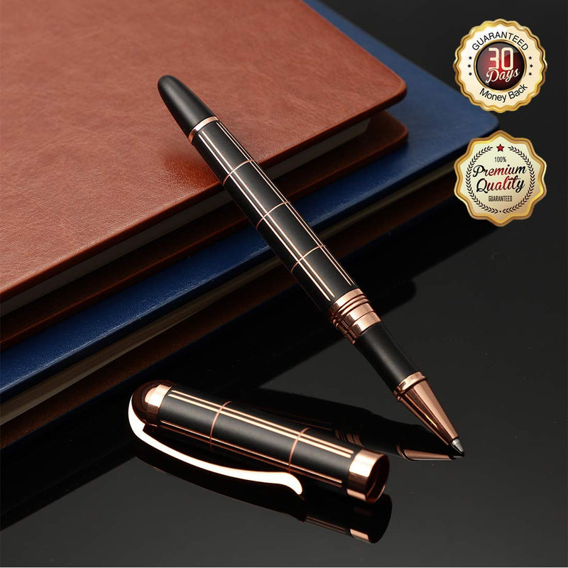 Rose Gold Gel Ink Rollerball Pen - Geometric Stripe Style Copper Grip Metal Pens in Adorable Box with 1 Extra Refill (Black Ink, 0.7mm Fine Point)