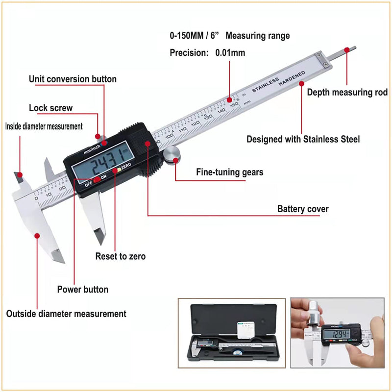 Simhevn Electronic Digital Caliper,inch and mm Conversion,LCD Screen displays 0-6"Caliper Measuring Tool,Automatic Shutdown,Suitable for DIY/Jewelry Measurement (NEW150mm Black Stainless Steel) NEW 150mm Black Stainless steel