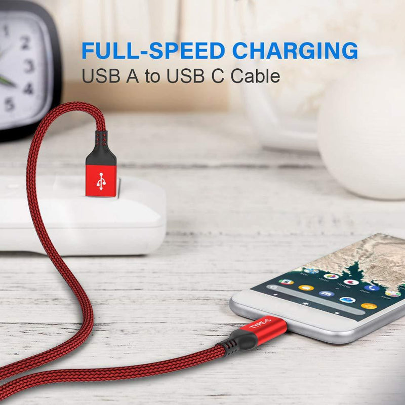 USB C Cable, AkoaDa 3-Pack (10ft+6.6ft+3.3ft) USB A to USB-C Fast Charger Nylon Braided Cord Compatible with Samsung Galaxy Note 20 10 S21 S20 S10 Plus,LG V50 V40 G8 Thinq,Moto Z Z3,Switch (Red) 3.3ft+6.6ft+10ft Red