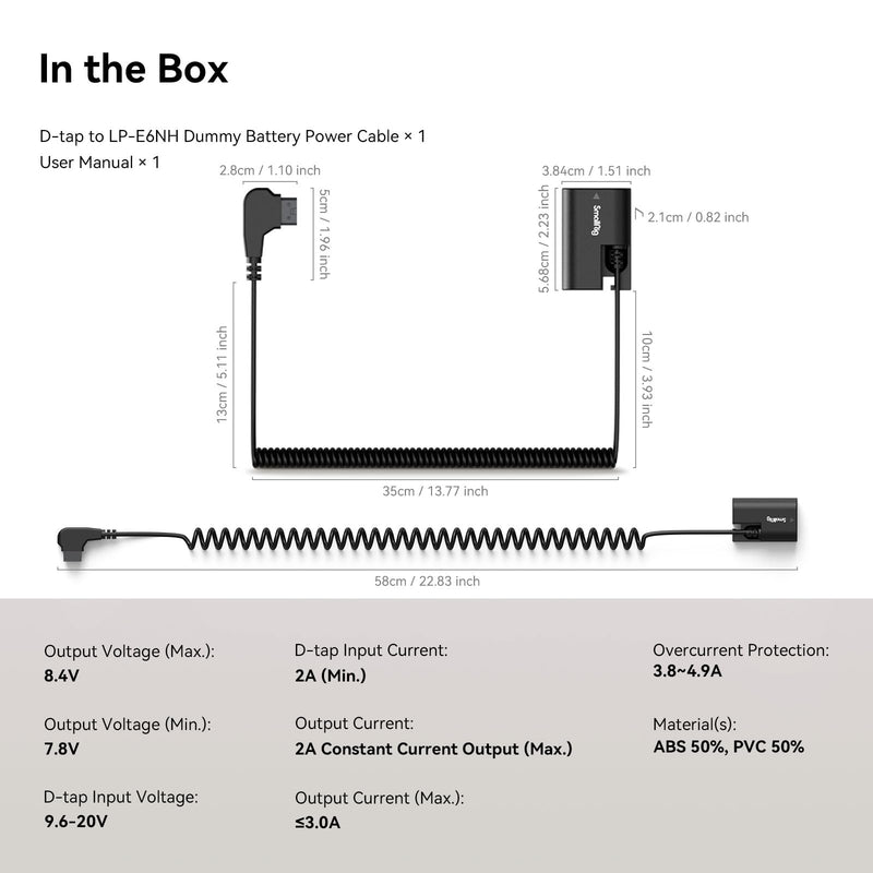SmallRig D-TAP to LP-E6NH Dummy Battery, LP-E6NH Coiled Power Cable for Canon R5, R5 C, R6, R7, R, 5D II/III/IV, 6D, 6D II, 7D, 7D II, 60D, 60Da, 70D, 80D, 90D, XC10, XC15, 5DS, 5DS R Cameras - 4252