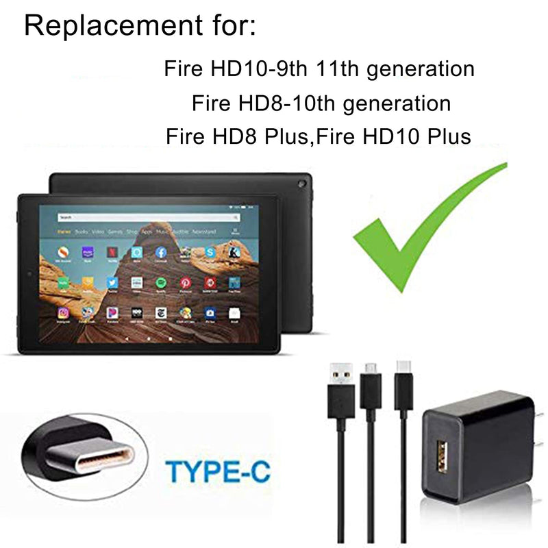 Kindle Fire Fast Charger, (UL Listed) AC Adapter Rapid Charger with 6.5 Ft Micro USB and USB C Cable Compatible with Fire 6 7 8 HD 8Plus HD10 10Plus Tablet, HDX 6" 7" 8.9" 9.7", Tab Power Supply Cord
