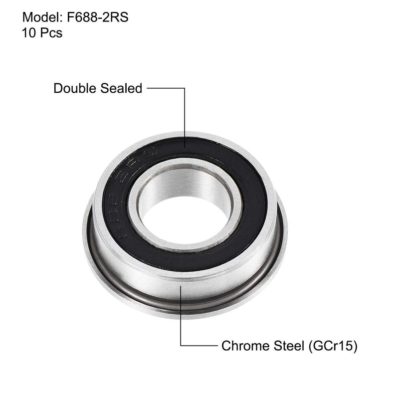 uxcell F688-2RS Flanged Ball Bearing 8x16x5mm Double Sealed Chrome Steel Bearing 10pcs