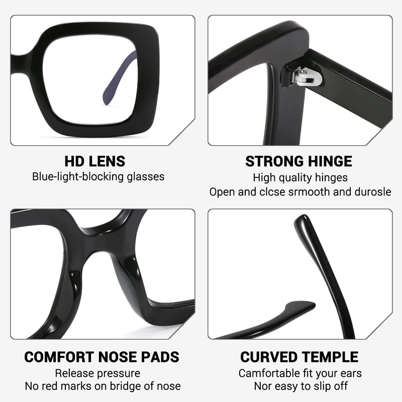 MACJERO Oversized Fashion Square Blue Light Blocking Glasses for Women Computer Eyeglasses Anti Glare Eyestrain Black