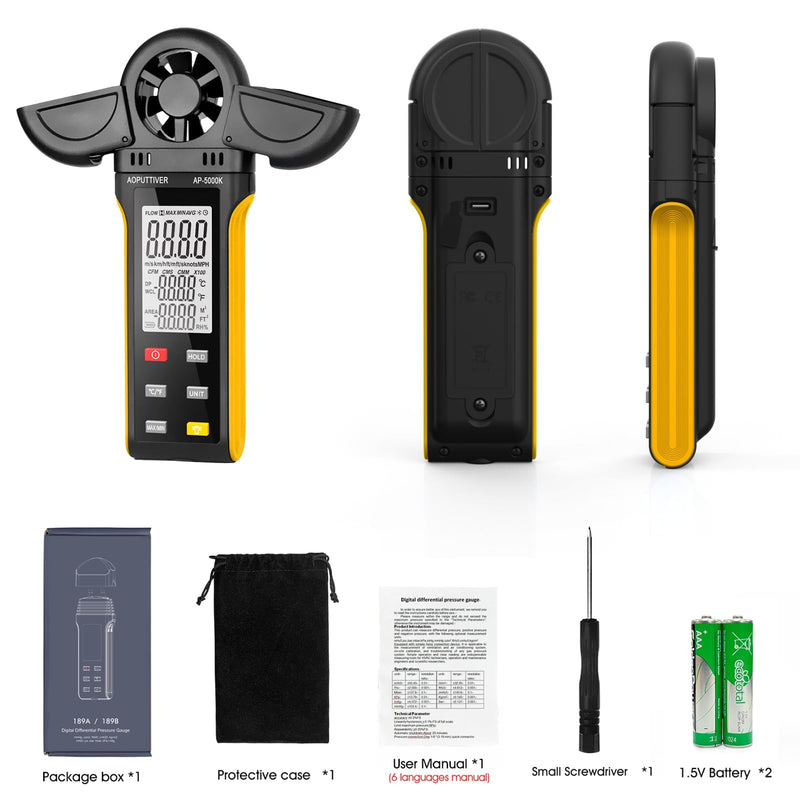 AOPUTTRIVER AP-5000K Digital Anemometer Handheld Wind Meter with 270° Rotating Detector and Double Wing Cover, Backlit Anemometer, MAX/MIN/AVG, Temperature