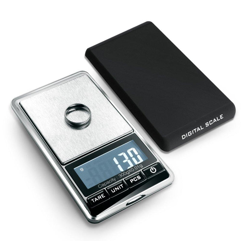 Flexzion Jewelry Scale Digital Mini Diamond Gold Coin Small Items Weight Gram Weigh Pocket Tool LCD Display 300g x 0.01g Precision Portable 7 Unit Switch Silver