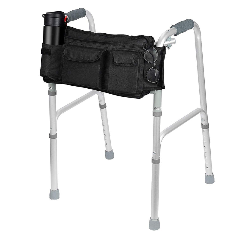 supregear Walker Bag, Folding Walker Basket Organizer Pouch Tote with Multiple Pockets and Zippered Compartment for Walker Rollator Scooters Wheelchair, Hook & Loop Design Storage Bag (Black) Black