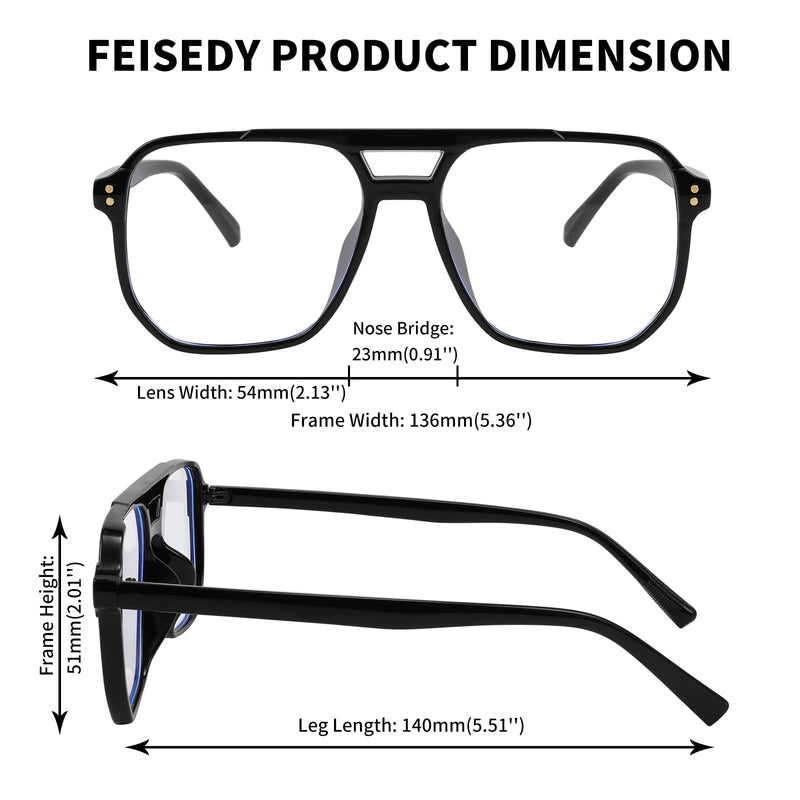 FEISEDY Blue Light Blocking Glasses Fake Nerd Clear Square Computer Lightweight Aviator Glasses Frame Oversized B2866 Black Frame 54 Millimeters