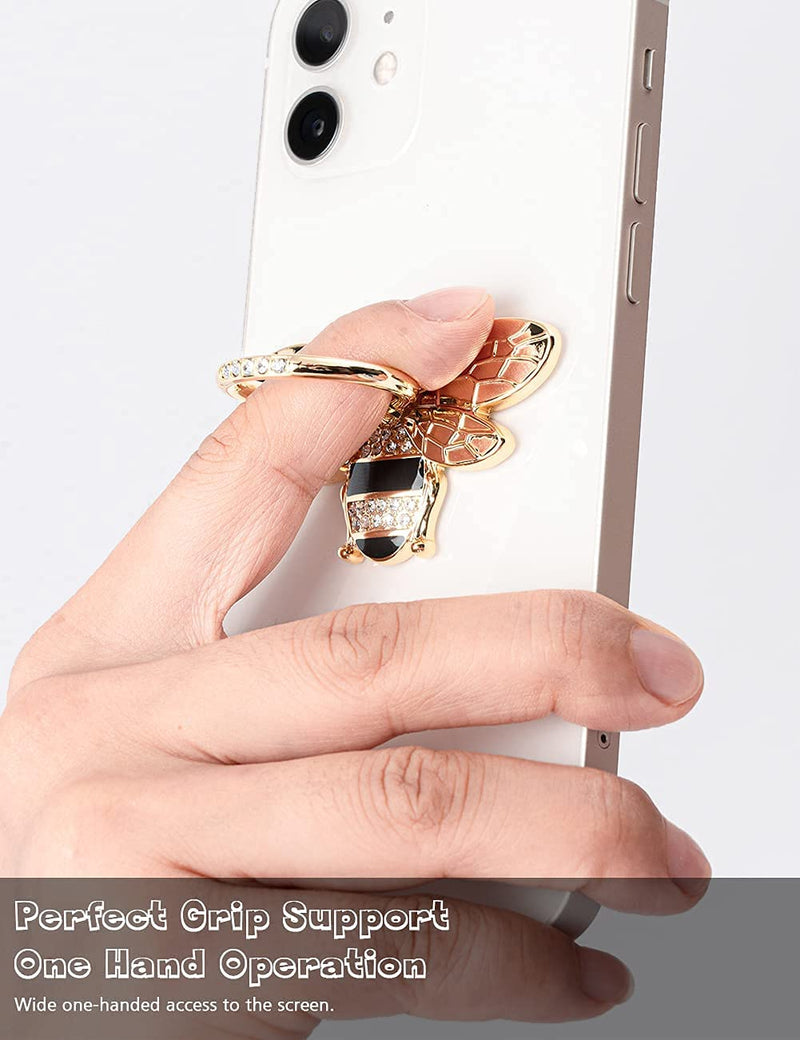 Bee Cell Phone Ring Holder with Crystal Stone, Allengel 360 Rotation Glitter Phone Ring Grip for Girls Women, Compatible with iPhone, Samsung Galaxy and Most Android Phone (Gold and Black) gold02