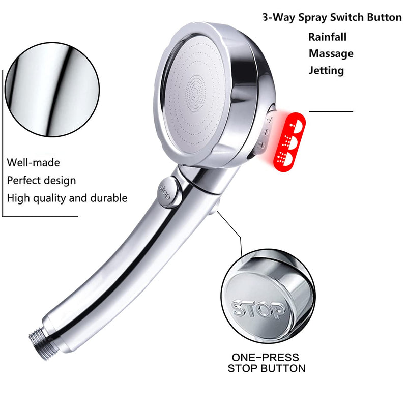 Nosame Shower,High Pressure Handheld Shower Head with ON/Off Pause Switch 3-Settings Water Saving Showerhead, Chrome Finish Bathroom 1.6 GPM Shower Accessorie Silver