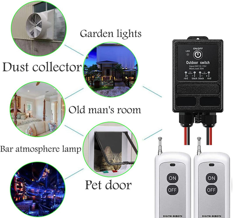 ZHOFONET Waterproof Remote Control Relay Switch,984ft Long Range Wireless Remote Switch,DC 12V-72V 40A Relay RF Remote Control Switches for Outdoor Light,Garage Door