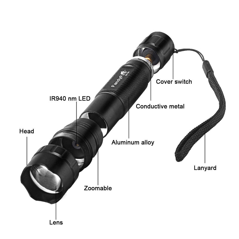 940nm IR Flashlight illuminator Infrared Light Night Vision Adjustable Focus LED Flashlight Torch for Hunting by FANDYFIRE (Not Included 18650 Battery)