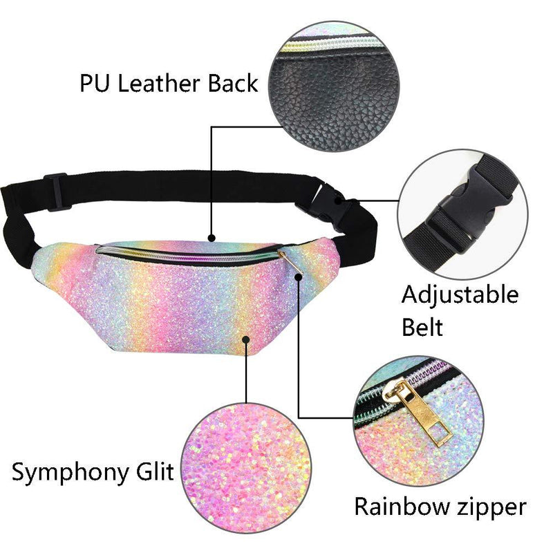 QtGirl Fanny Pack for Kids, Glitter Waist Bag Shiny Bags with Adjustable Belt for Children Sport Running, Camping, Trip Rainbow