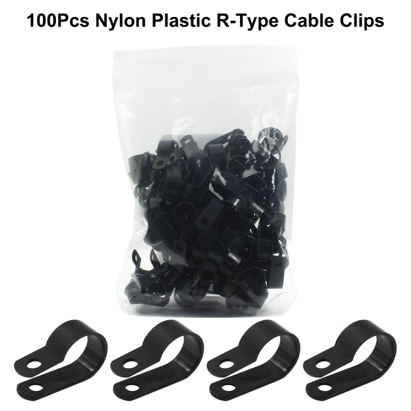 Unlorspy 100 Pcs Black R-Type Cable Clip 5/8 Inch Nylon Plastic R Type Wire Clamp for Wire Management (16mm, 5/8 Inch) 16mm, 5/8 Inch