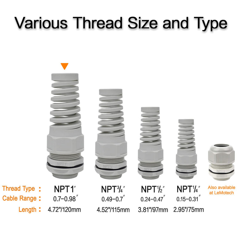 LeMotech 2Pcs NPT 1" IP68 Waterproof Cable Gland Flex Spiral Strain Relief Grey Nylon Joint with Gaskets for 18-25mm Wire Thread NPT 1" (2-Pack)