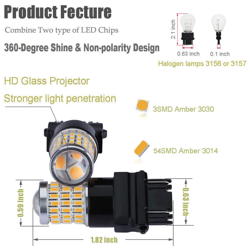 iBrightstar Newest 9-30V Super Bright Low Power 3156 3157 3057 4157 LED Bulbs with Projector Lenses Replacement for Front/Rear Turn Signal Blinker Lights or Brake Tail Parking Lights, Amber Yellow