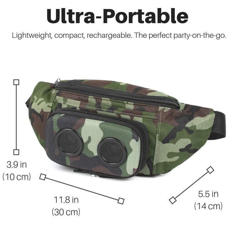 Fannypack with Speakers. Bluetooth Fanny Pack for Parties/Festivals/Raves/Beach/Boats. Rechargeable, Works with iPhone & Android. (Camo, 2021 Edition)