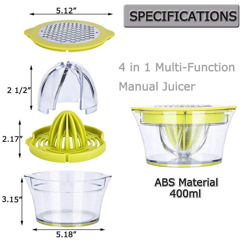 Drizom Citrus Lemon Orange Juicer Manual Hand Squeezer with Built-in Measuring Cup and Grater, 12OZ, Green