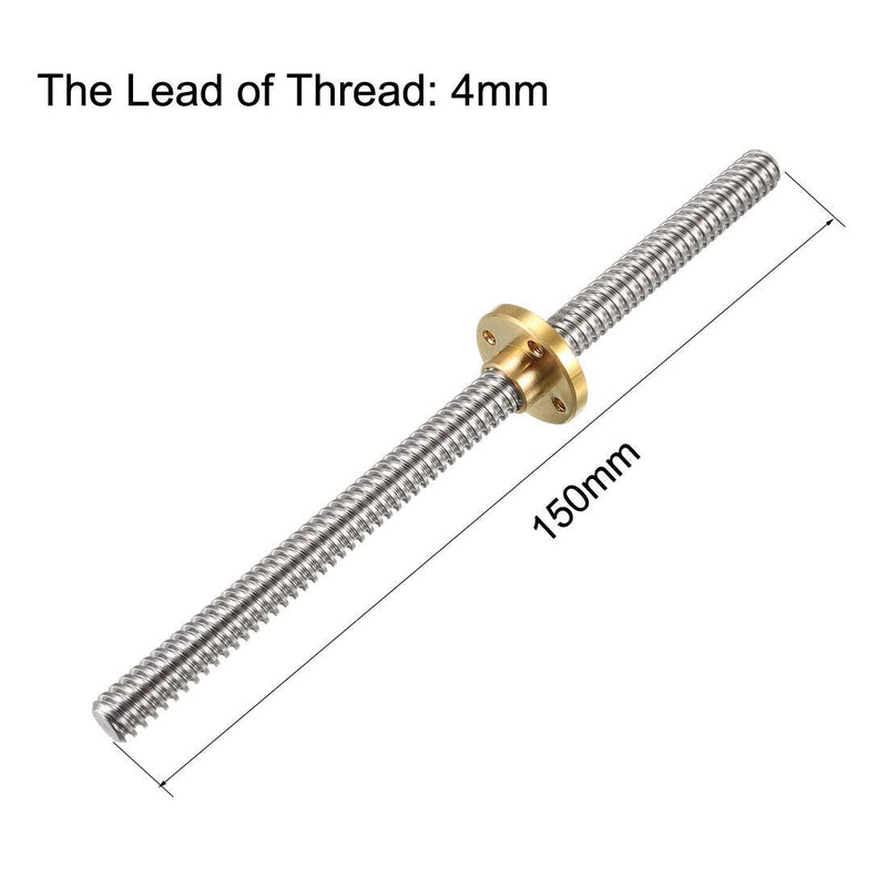 uxcell 150mm Length T8 8mm Dia Lead Screw Rod,4 Lead Stainless Steel Lead Screw Rod with Copper Nut Trapezoidal Thread for 3D Printer Z Axis