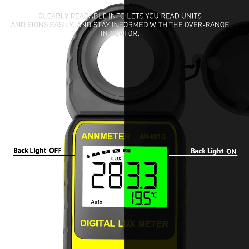 ANNMETER AN-881D Digital Illuminance Meter, Lux Meter with 0.01-400,000 Lux (0.01-40,000 FC) Foot Candle Measuring Ranges, Light Meter for Plants, Par Meter with 270°Rotatable Detector AI-881D Illuminance Meter Range 0.1~400,000Lux