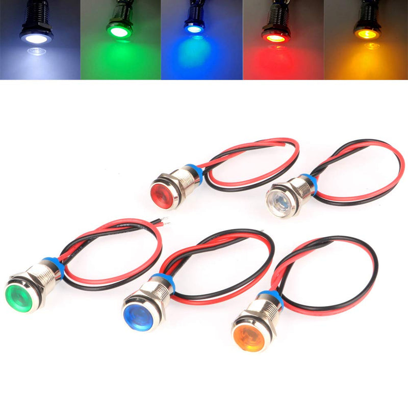 Gebildet Pack of 5 10 mm 12/24 VDC LED Metal Indicator Light Waterproof Signal Lamp with Wire Multi-Colour 12 V/24 V