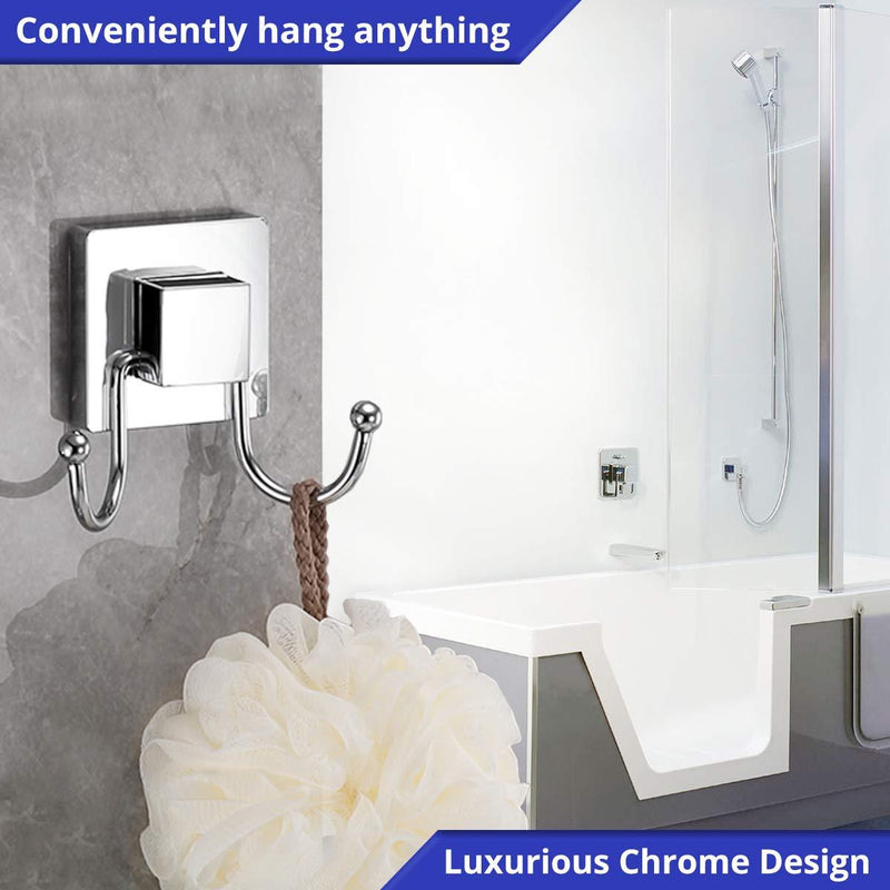 HOME SO Suction Cup Hooks for Shower, Bathroom, Kitchen, Glass Door, Mirror, Tile – Loofah, Towel, Bath Robe Removable Hook Holder – Prisma Collection, Stainless Steel Chrome (2-Pack)…