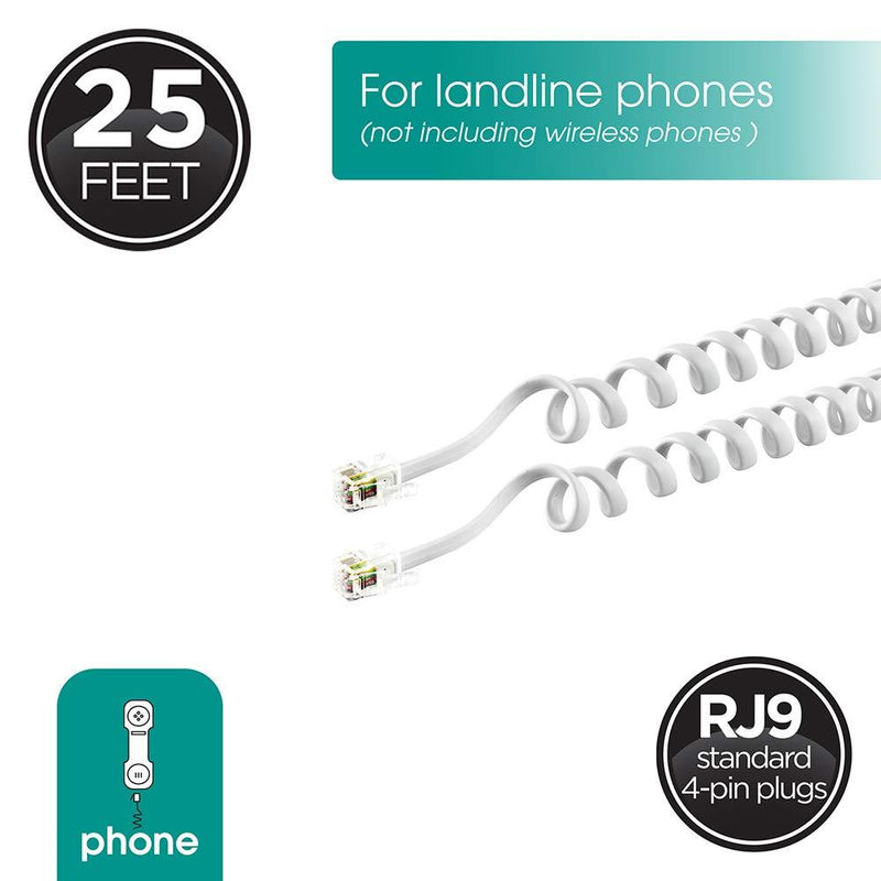 Power Gear Coiled Telephone Cord, 25 Foot Phone Cord, Works with All Corded Landline Phones, For Use in Home or Office, White, 76122 25 Feet 1 Pack