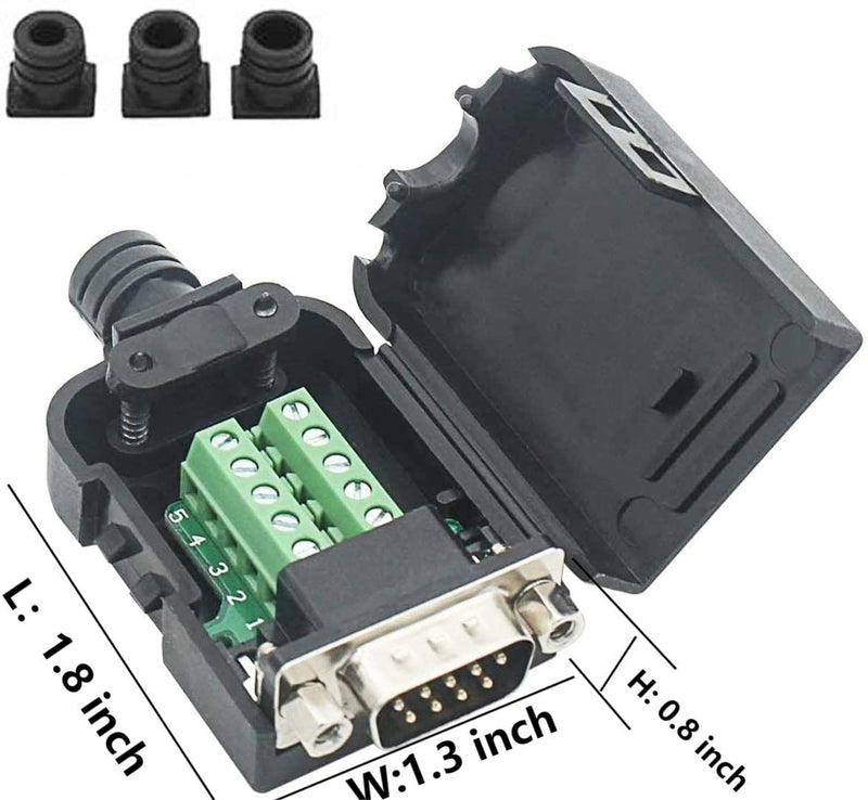 SHANFEILU DB9 Breakout Connector to Wiring Solderless Terminal RS232 D-SUB Male Serial Adapter 9pin Port Breakout Board Black Rubber Core with Case,Screwdriver,Nuts