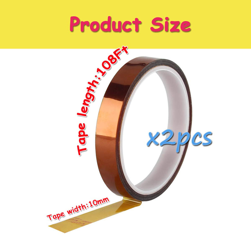 2 Rolls 10mm X 33m 108ft Heat Resistant Tape, High Temperature Polyimide Tape, Solution for Masking, Sublimation, 3D Printing, Heat Transfer, and Protecting Circuit Board 3