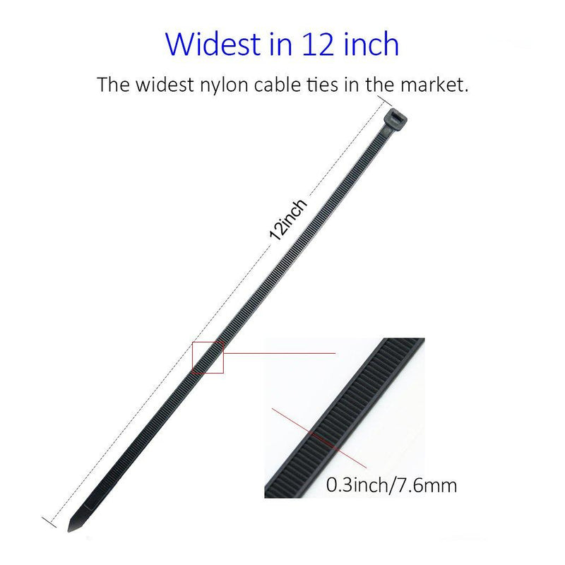 Cable Zip Ties Heavy Duty 12 Inch, Ultra Strong Plastic Wire Ties with 120 Pounds Tensile Strength, 100 Pieces, Nylon Tie Wraps with 0.3 Inch Width in Black & White, Indoor and Outdoor UV Resistant