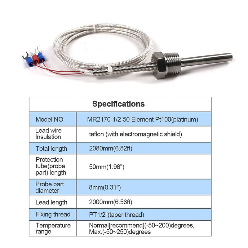 ATOPLEE 1pc Temperature Sensor Probe,Stainless Steel Waterproof Pt100 Ohm Probe Sensor 1/2 inch Thread with Insulation Lead Wire(-50-250°C)