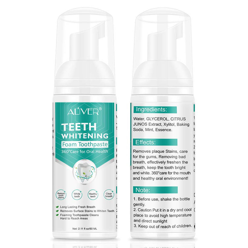 Teeth Whitening Toothpaste, 2 Pack Citrus Baking Soda Toothpaste, Foam Whitening Toothpaste, Ultra-fine Mousse Foam Deeply Cleaning Gums, Stain Removal, Natural Mouth Wash Water (2 x 60ml) 2.11 Fl Oz (Pack of 2)