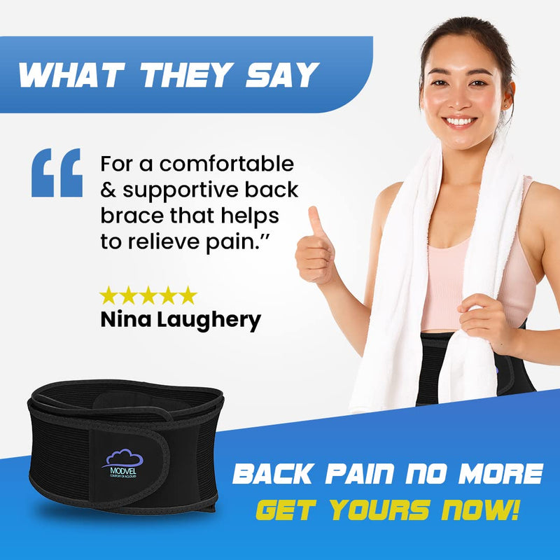 MODVEL Back Brace - Immediate Relief from Back Pain, Herniated Disc, Sciatica, Scoliosis | FSA or HSA eligible | Breathable Waist Lumbar Lower Back Support Belt with Removable Pad. Black Small/Medium/Large