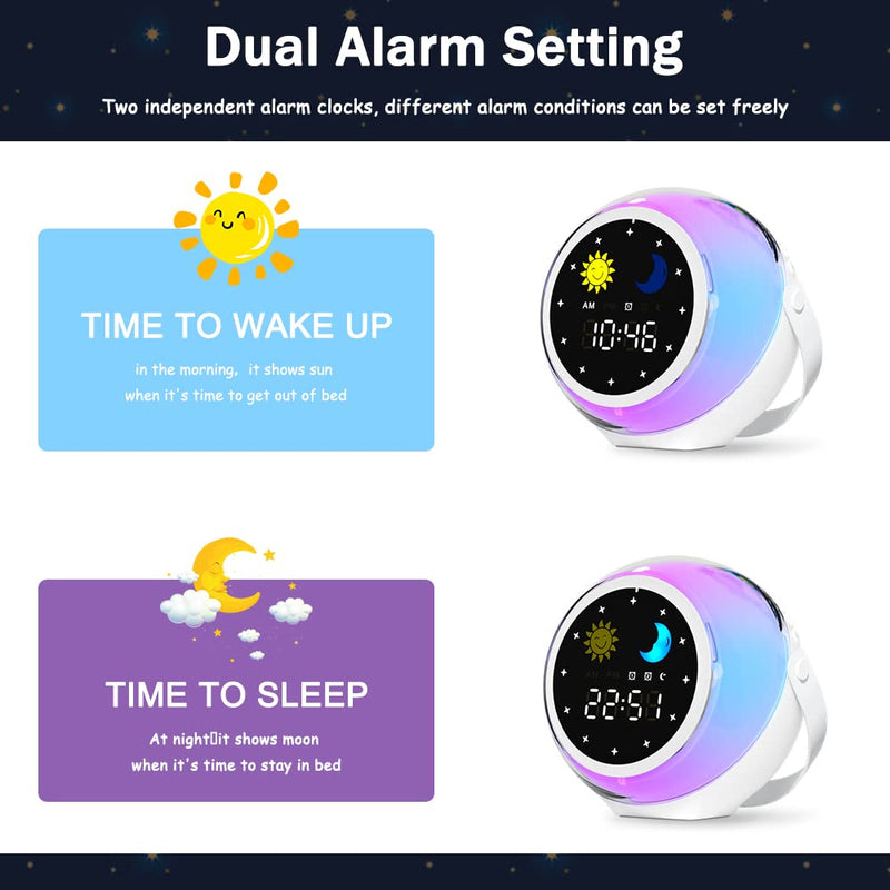 Alarm Clock for Kids, Kids Alarm Clock Sleep Trainer with Wake up Light, Bluetooth Music Player&Digital Clock, Sleep Sound Machine for Kids Bedroom, Ok to Wake Clock for Kids with Sunrise Simulation