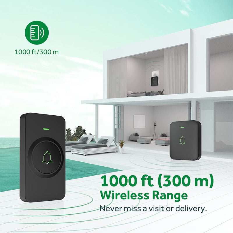 Wireless Door Bell, AVANTEK CB-21 Mini Waterproof Wireless Doorbell Operating at Over 1000 Feet, 2 Remote Buttons Can Have Different Tones, 52 Melodies, CD Quality Sound and LED Flash Black