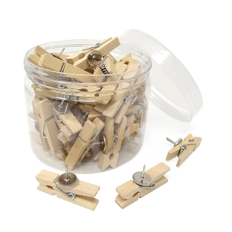 Honbay 50PCS Push Pins with Wooden Clips Thumbtacks Clothespins Paper Clips for Artworks, Notes, Photos